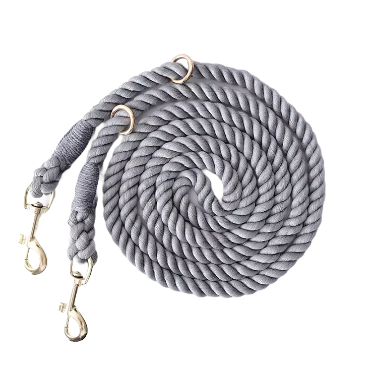 Gray Heavy-duty braided rope dog leash with adjustable metal rings and two heavy-duty clips